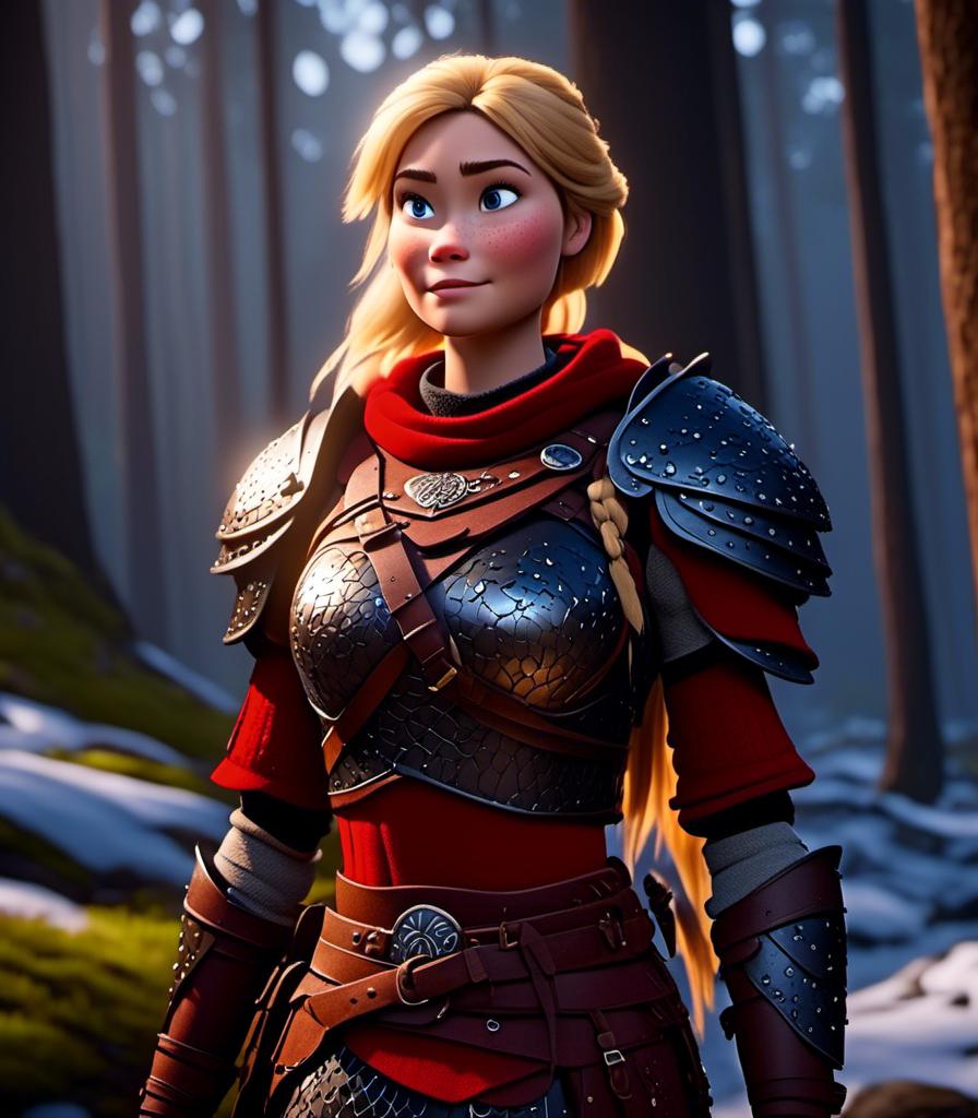 Prompt: <mymodel>CGI Animation, digital art, 20-year-old-old viking woman with light blue eyes standing in a dimly lit forest, blue clothes, red colored armor, blonde straight hair, subtle smile, unreal engine 8k octane, 3d lighting, cinematic lighting, camera shot of full armor from head to toe