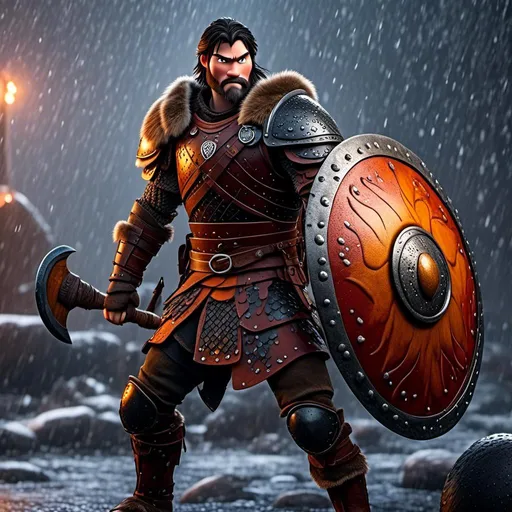 Prompt: <mymodel>Animated CGI style of a fierce Viking male about 25 years old, black hair, detailed facial features, leather armor {{((red))}} and orange armor, battle axe and shield, standing in the rain, intense and determined expression, dynamic and powerful pose, CGI, fierce male, Nordic designs, battle-ready, dynamic pose, professional lighting