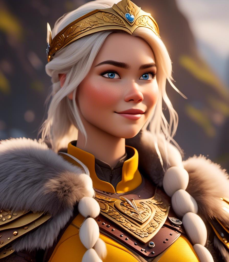 Prompt: <mymodel>CGI Animation, digital art, 20-year-old-old viking woman with light blue eyes, yellow clothes, gold colored armor, white hair, straight hair with a tiara, subtle smile, unreal engine 8k octane, 3d lighting, close up camera shot on the face, full armor