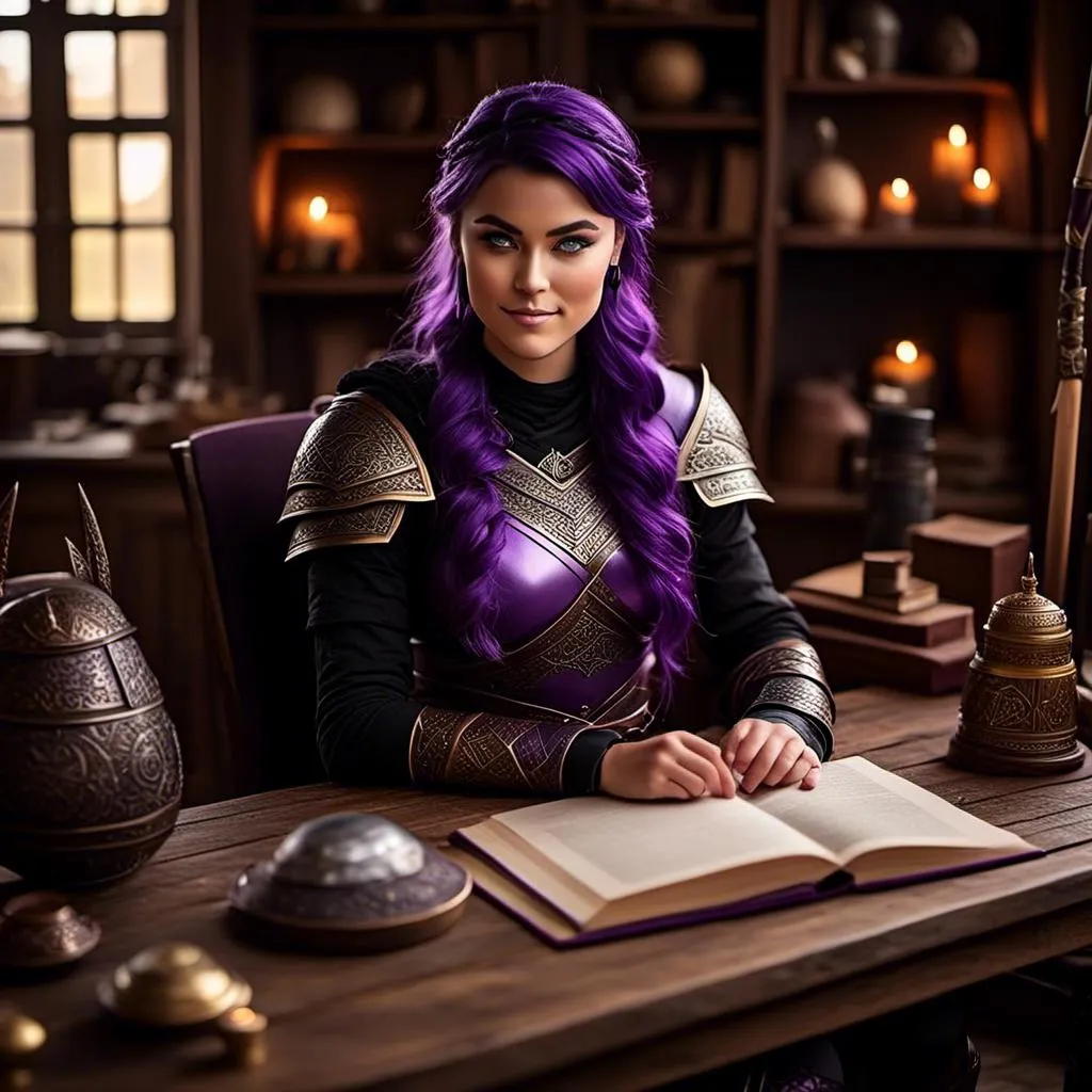 Prompt: Photo of <mymodel> with no armor casually relaxing sitting at a desk in her viking house