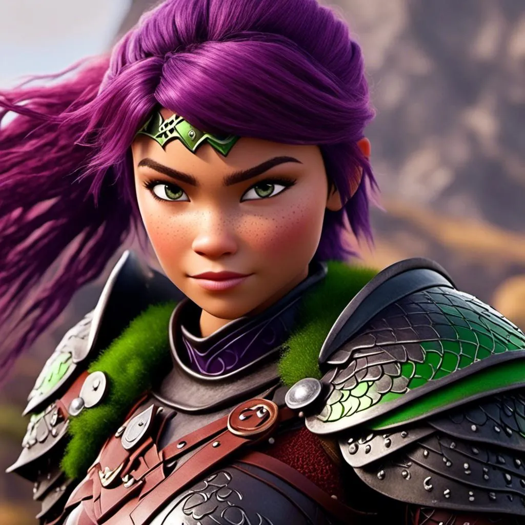 Prompt: <mymodel>Animated CGI style of a fierce Caucasian white Viking female about 25 years old, purple hair, detailed facial features, leather armor ((red)) and green armor, battle axe and shield, intense and determined expression, dynamic and powerful pose, high definition, CGI, detailed armor, fierce female, Nordic designs, battle-ready, dynamic pose, professional lighting