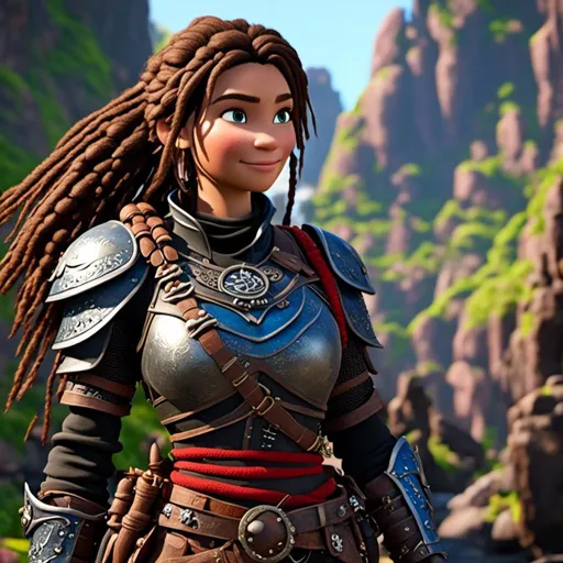 Prompt: <mymodel>CGI Animation, 20-year-old-old pirate woman, brown gear, silver armor, brunette hair, dreadlocks, subtle smile, beads hair, small red earrings, multiple braids, straight hair, blue eyes, bracelets, rings on fingers, mercenary gear, unreal engine 8k octane, 3d lighting, full body, full armor