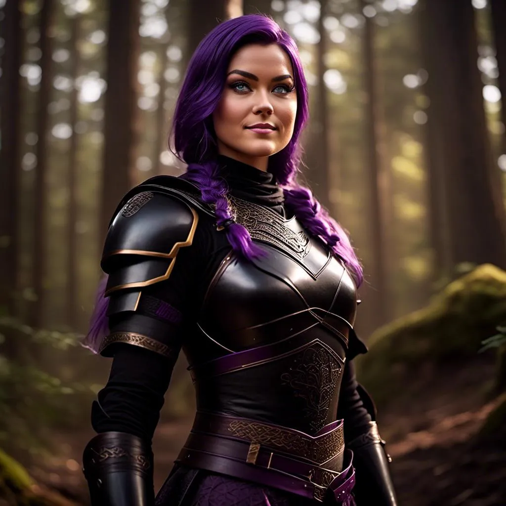 Prompt: <mymodel>25-year-old viking woman, subtle smile, light blue eyes, black gear, bright black armor, wearing an iron-man like suit of armor, black textures and highlights, fighting in the forest in an intense sword battle with Einar Verodfellar, short focus, blurry background, unreal engine 8k octane, 3d lighting, full body, full armor