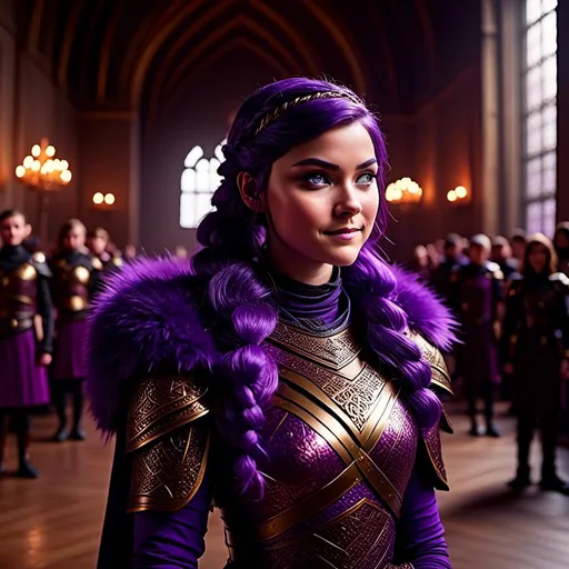 Prompt: A photo of <mymodel> with a heavy purple fur tunic in The Great Hall from How to Train Your Dragon, ((she has a single hair braid down her shoulder))