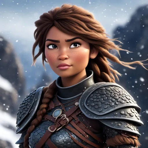 Prompt: <mymodel>animated CGI style, viking female warrior, detailed braided hair and battle scars, rugged and weathered armor, intense and determined gaze, snowy and rugged landscape, fierce, warrior, detailed hair, battle scars, snowy landscape, intense gaze, weathered armor, dramatic lighting