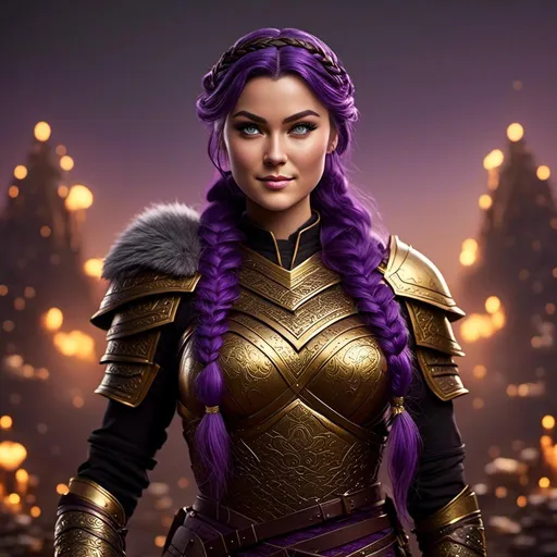 Prompt: create <mymodel> viking, vibrant colors, subtle smile, 23-year-old woman viking, dark purple hair, one braid, black pants, light blue eyes, cut over left eye to on cheekbone, black gear, gold armor, unreal engine 8k octane, 3d lighting, full body, full armor