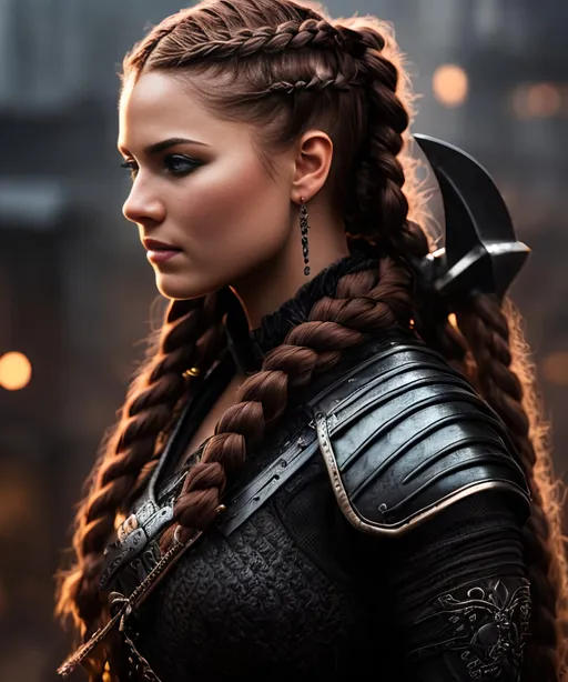 Prompt: she has braided cornrow hair, create most beautiful fictional female viking warrior, red hair, black rogue gear, extremely detailed environment, detailed background, intricate, detailed skin, professionally color graded, photorealism, 16k, moody lighting