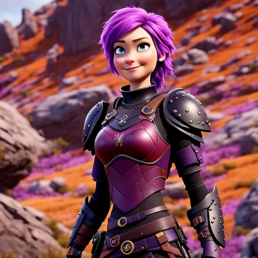 Prompt: <mymodel>CGi Animation, 20-year-old viking woman with one hair braid, caucasian, subtle smile, purple hair, light blue eyes, black gear, bright purple armor, black textures and highlights, unreal engine 8k octane, 3d lighting, full body, full armor