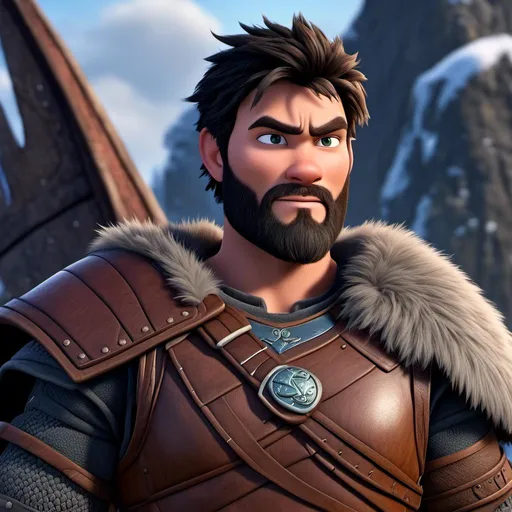Prompt: <mymodel>Animated CGI style of a fierce ((Caucasian Viking male)) with black hair topknot with fade, intense gaze, realistic clothing textures, high quality, CGI, realistic, intense gaze, viking, male, Caucasian, detailed facial features, highres, professional, intense lighting