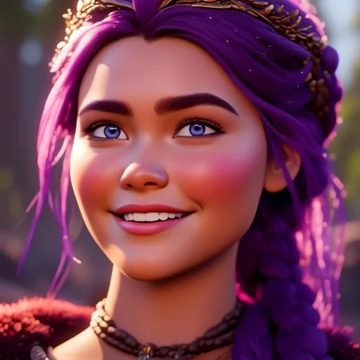 Prompt: <mymodel>CGI Animation, digital art, 20-year-old-old viking woman with light blue eyes, she is overjoyed, purple hair with purple strands, single braid down her shoulder with a tiara, unreal engine 8k octane, 3d lighting, close up camera shot on the face, full armor