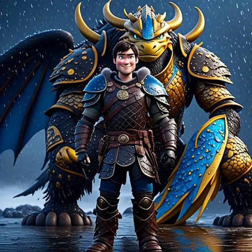 Prompt: <mymodel>CGi Animation, 20-year-old viking man with blue eyes, a rainy scene, the viking man has a subtle smile, black hair, he has blue gear, gold armor, black pants, black boots, he is standing next to a bright blue dragon with gold highlights, they are both in the rain, 