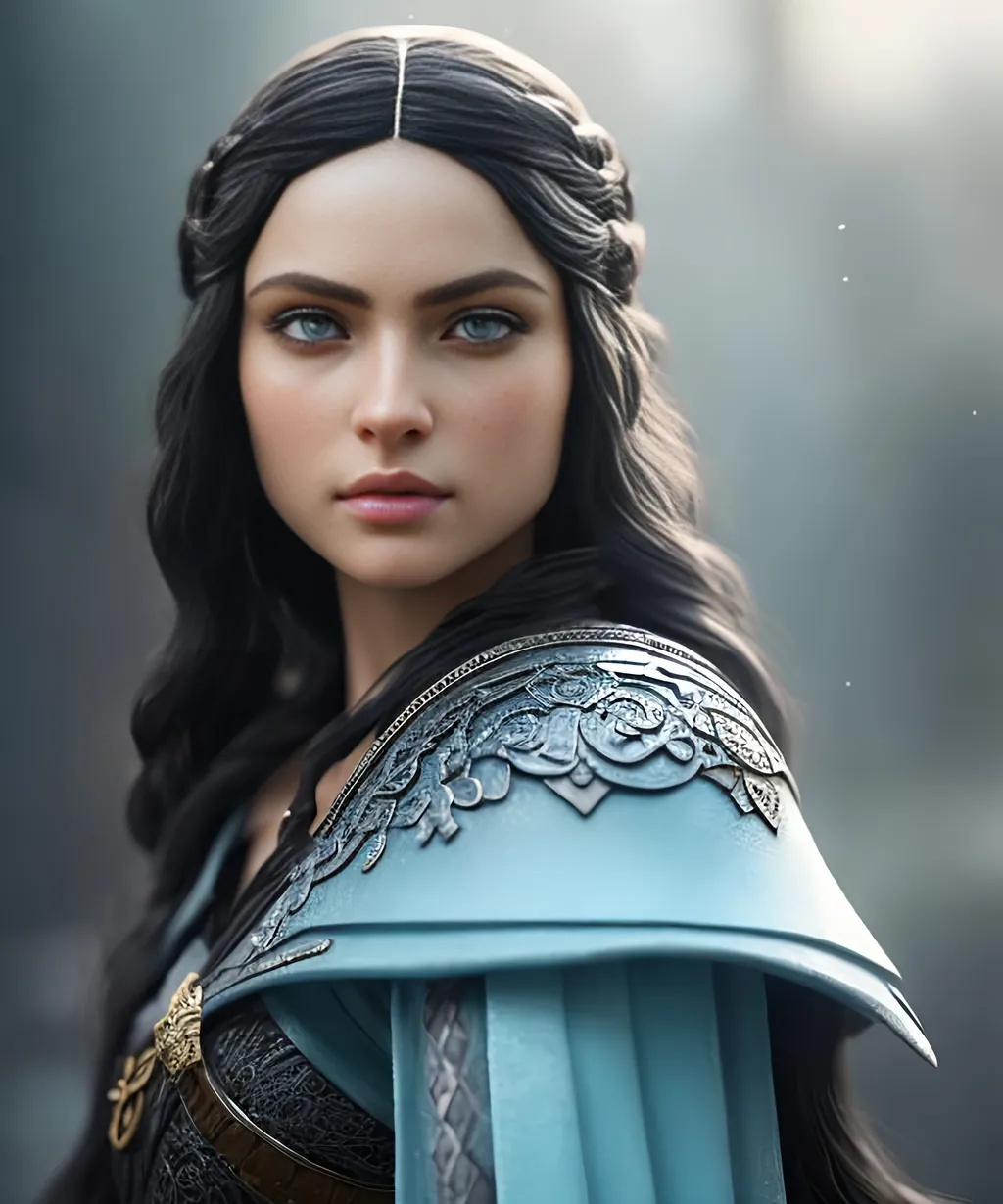 Prompt: she has black hair, create most beautiful fictional female viking princess warrior, black hair, light blue eyes, extremely detailed environment, detailed background, intricate, detailed skin, professionally color graded, photorealism, 8k, moody lighting