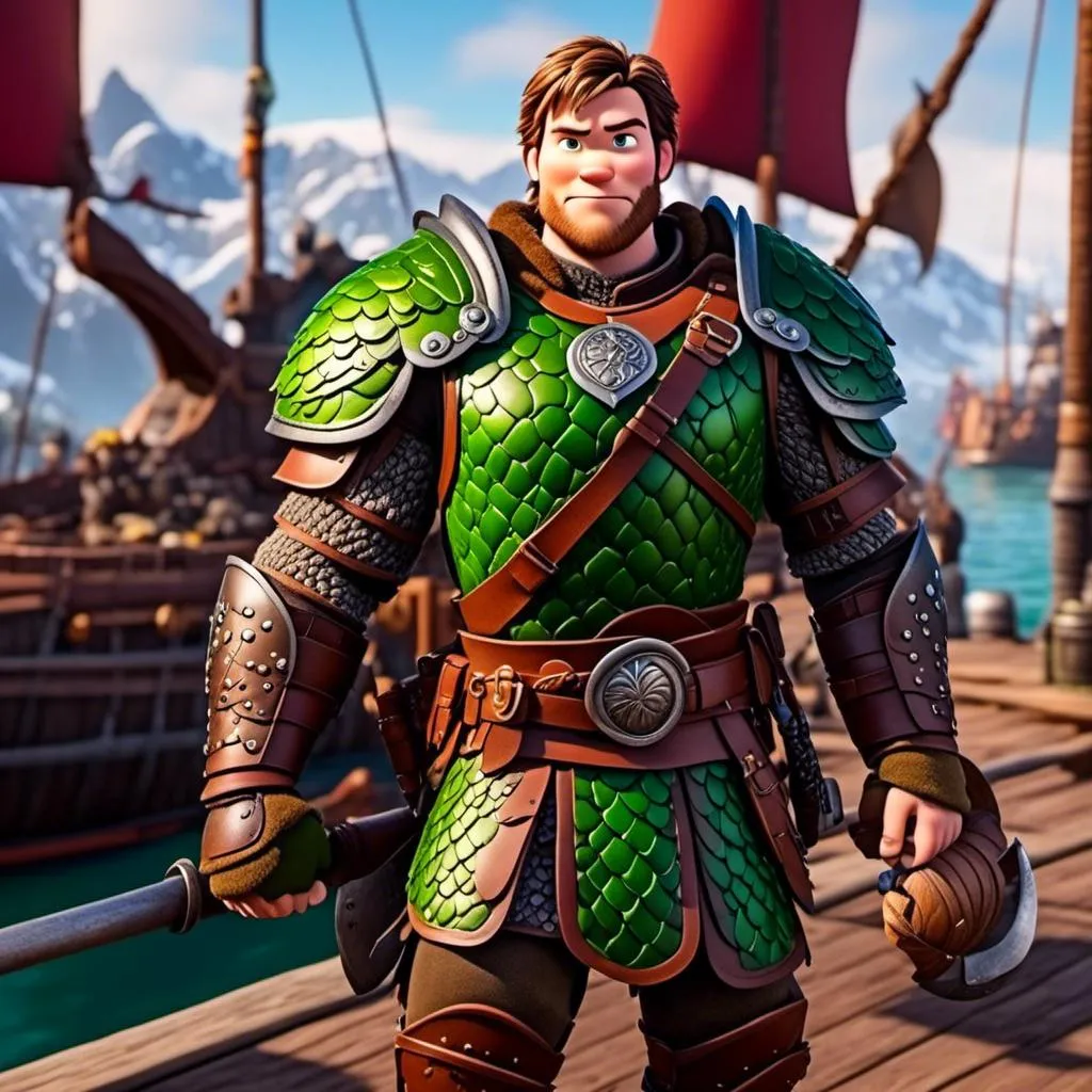 Prompt: <mymodel>Male viking warrior, thin and light muscle build, standing on the viking docks, there is a green dragon next to him, short brown hair, green eyes, green armor, brown gear, brown pants, brown boots, historical, strong and natural lighting