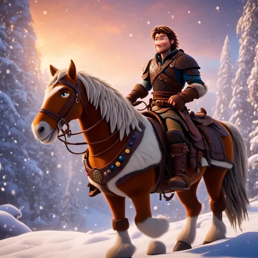 Prompt: <mymodel>CGI Animation, 20-year-old pirate man, rides a palomino horse through the snowy, a snowy scene, {{brown gear, silver armor}}, brunette hair, dreadlocks, subtle smile, beads hair, multiple braids, straight hair, blue eyes, bracelets, rings on fingers, mercenary gear, unreal engine 8k octane, 3d lighting, full body, full armor