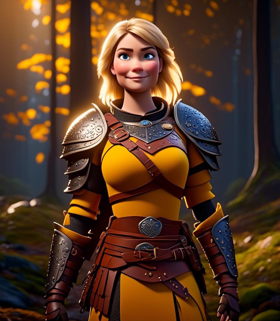 Prompt: <mymodel>CGI Animation, digital art, 20-year-old-old viking woman with light blue eyes standing in a dimly lit forest, yellow clothes, gold colored armor, blonde straight hair, subtle smile, unreal engine 8k octane, 3d lighting, full armor