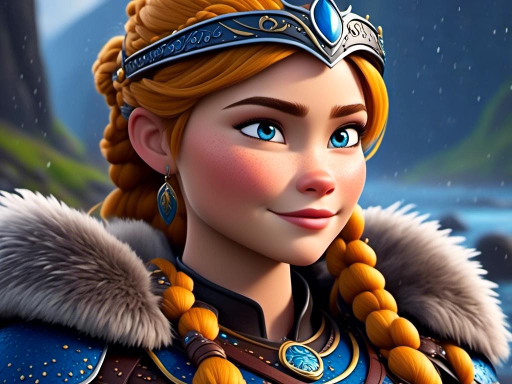 Prompt: <mymodel>CGi Animation, 20-year-old viking woman with blue eyes, ((she is wearing a royal tiara)), a rainy scene, the viking woman has a subtle smile with it pouring down rain, blonde hair in a ponytail style, she has blue gear, gold armor, black pants, black boots