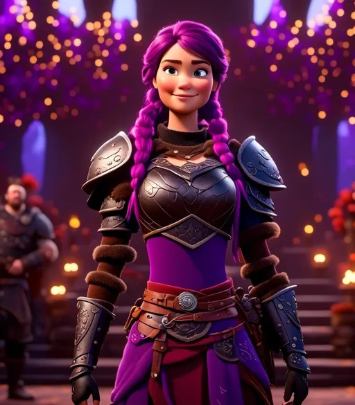 Prompt: <mymodel>CGI Animation, digital art, 20-year-old-old viking woman with light blue eyes, she is standing next to her clan's throne, she is of royalty standing, {{black gear, purple armor}}, purple hair, single braid down her shoulder with a tiara, subtle smile, unreal engine 8k octane, 3d lighting, close up camera shot on the face, full armor