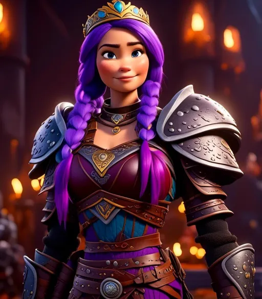 Prompt: <mymodel>CGI Animation, digital art, 20-year-old-old viking woman with light blue eyes, she is standing next to her clan's throne, she is of royalty standing, {{black gear, purple armor}}, purple hair, single braid down her shoulder with a tiara, subtle smile, unreal engine 8k octane, 3d lighting, close up camera shot on the face, full armor