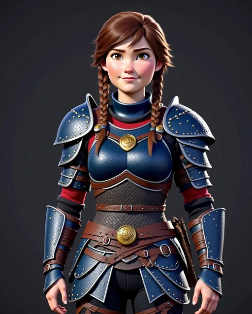 Prompt: Digital art, 18-year-old viking woman, dark brown eyes, subtle smile, blue gear, blue clothes, dark blue armor, blue dragon scales on armor, brunette hair, two braids, unreal engine 8k octane, 3d lighting, full body, full armor