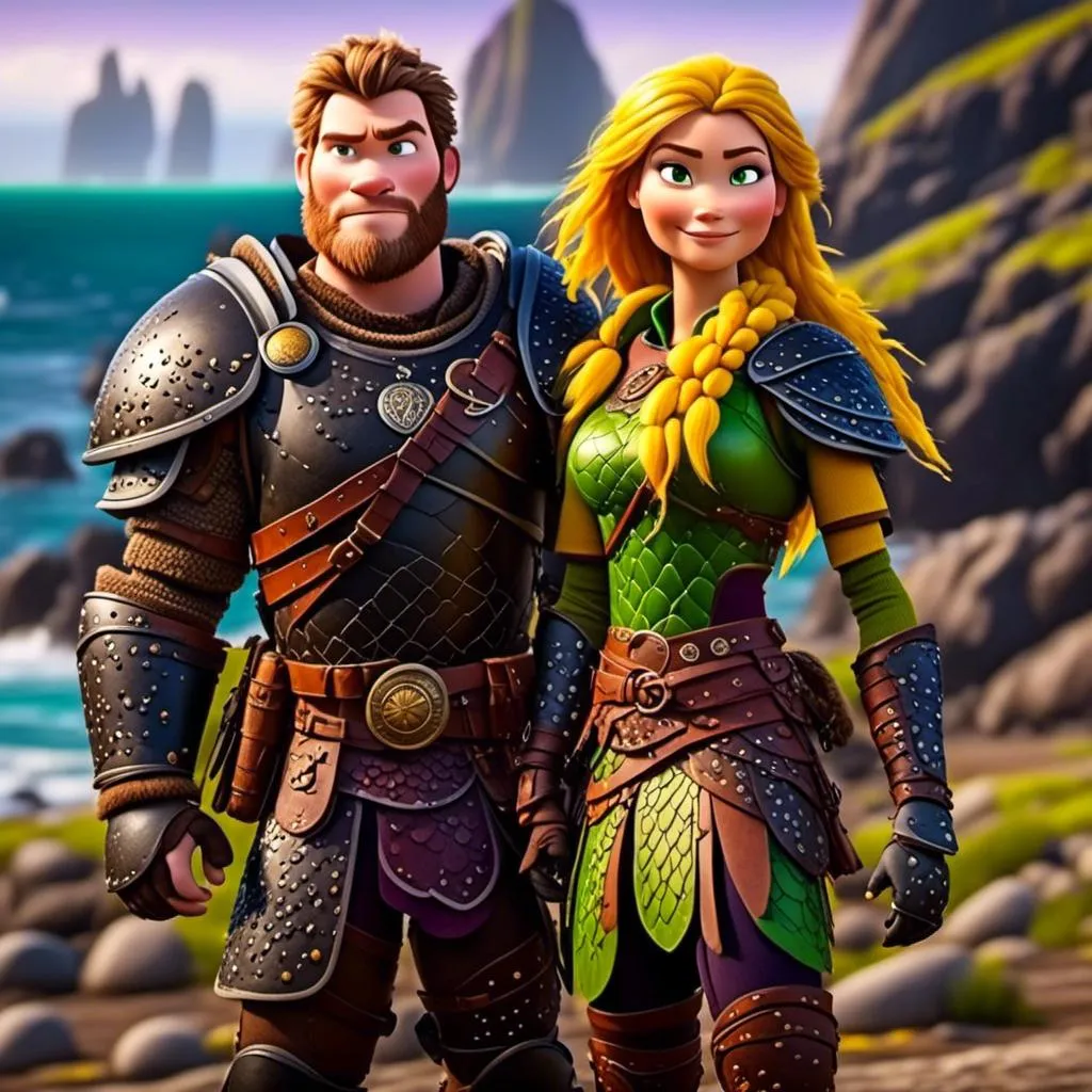 Prompt: <mymodel>CGi Animation, 25-year-old viking woman warrior with yellow eyes, a hot summer day at the beach, the viking woman has a subtle smile, hazel color hair, she has green gear, purple armor with bursts of gold textured splotches, black pants, black boots