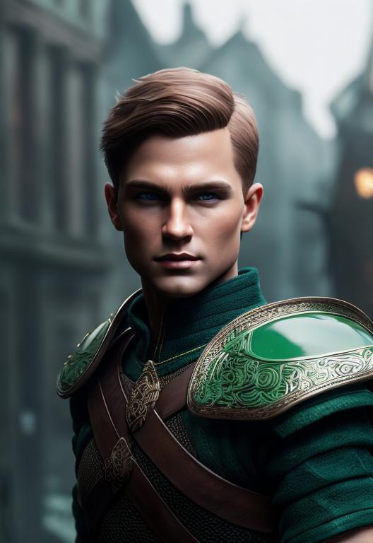 Prompt: he has short brown comb over hair, create most handsome fictional male prince viking warrior, short brown hair, light green eyes, extremely detailed environment, detailed background, intricate, detailed skin, professionally color graded, photorealism, 8k, moody lighting