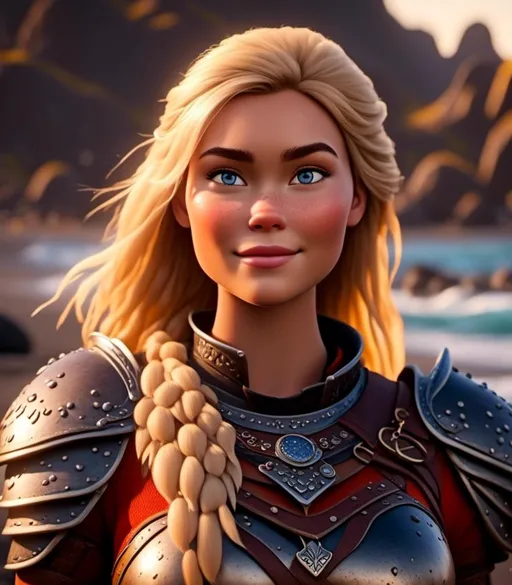 Prompt: <mymodel>CGI Animation, digital art, 20-year-old-old viking woman with blue eyes standing around several hot springs on a beach, blue clothes, blue colored armor, sunset lighting, blonde straight hair, subtle smile, unreal engine 8k octane, 3d lighting, cinematic lighting, camera shot of full armor from head to toe