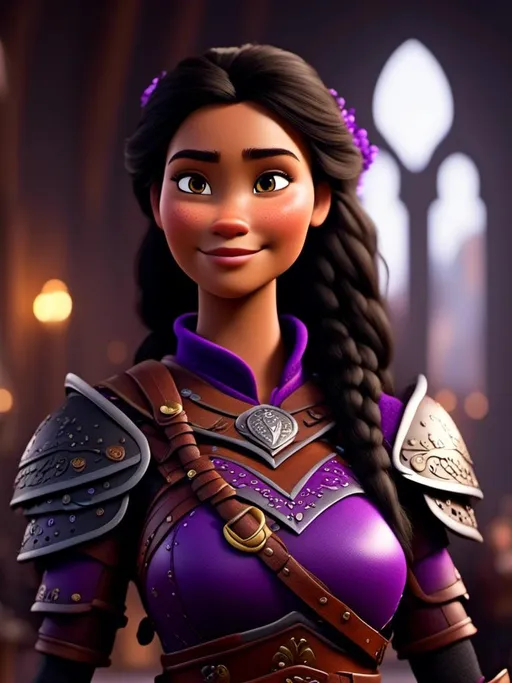 Prompt: <mymodel>CGI Animation, digital art, 20-year-old-old viking woman of royalty standing in The Great Hall on the Isle of Berk, {{black gear, purple armor}}, black hair, single braid down her shoulder with a tiara, subtle smile, unreal engine 8k octane, 3d lighting, close up camera shot on the face, full armor