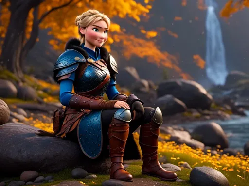 Prompt: <mymodel>CGi Animation, 20-year-old viking woman with blue eyes, a rainy scene, she is sitting in the rain, the viking woman has a subtle smile, blonde hair in a ponytail style, she has blue gear, gold armor, black pants, black boots