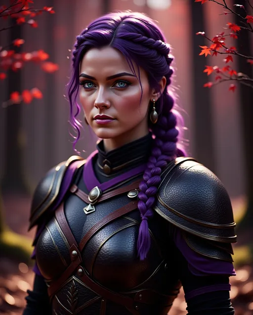 Prompt: <mymodel>25-year-old viking woman, standing in the dimly lit forest with many detailed red leaves on the tree branches in foreground and background, messy and dirty hair, single braid of hair down her shoulder, she has a mad expression, light blue eyes, dirty armor, purple gear, bright black armor, black textures and highlights, with glowing lights, short focus, blurry background, unreal engine 8k octane, 3d lighting, full body, full armor