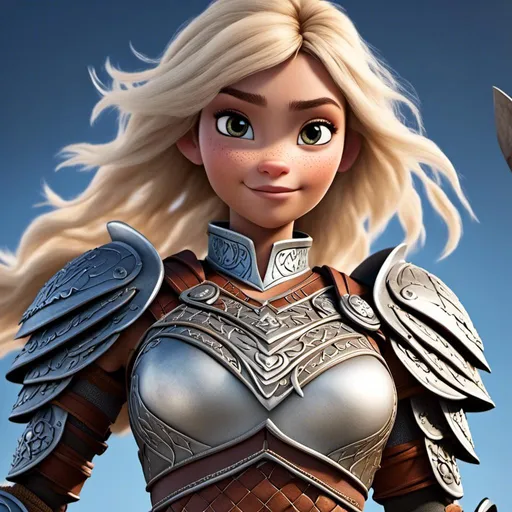 Prompt: <mymodel>Animated CGI style of a fierce Caucasian white Viking female about 25 years old, blond hair, detailed facial features, leather armor with intricate Nordic designs, battle axe and shield, intense and determined expression, dynamic and powerful pose, high definition, CGI, detailed armor, fierce female, Nordic designs, battle-ready, dynamic pose, professional lighting