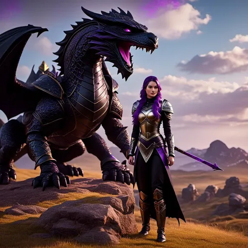 Prompt: Photo of <mymodel> standing next to her black Razorwhip dragon