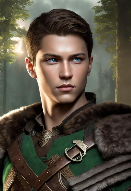 Prompt: he has short brown hair, create most handsome fictional male viking warrior, short brown hair, light green eyes, extremely detailed environment, detailed background, intricate, detailed skin, professionally color graded, photorealism, 16k, moody lighting