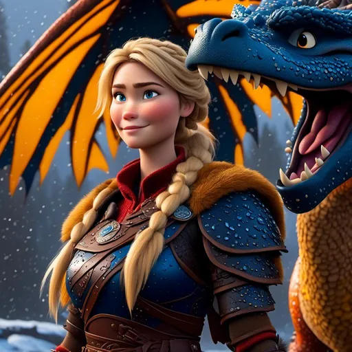 Prompt: <mymodel>CGi Animation, 20-year-old viking woman with blue eyes, a rainy scene, she is standing next to a bright blue dragon with gold highlights, they are both in the rain, the viking woman has a subtle smile, blonde hair in a pony tail style, she has blue gear, gold armor, black pants, black boots, unreal engine 8k octane, 3d lighting, full body, full armor