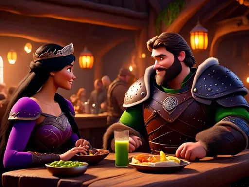 Prompt: <mymodel>CGI Animation, digital art, 20-year-old-old viking woman of royalty standing a busy tavern having a meal with her husband Jarl, Jarl is clean shaven, {{the woman has purple armor}}, black hair, straight hair with a tiara, subtle smile, Jarl has green armor and brown gear, unreal engine 8k octane, 3d lighting, close up camera shot on the face, full armor