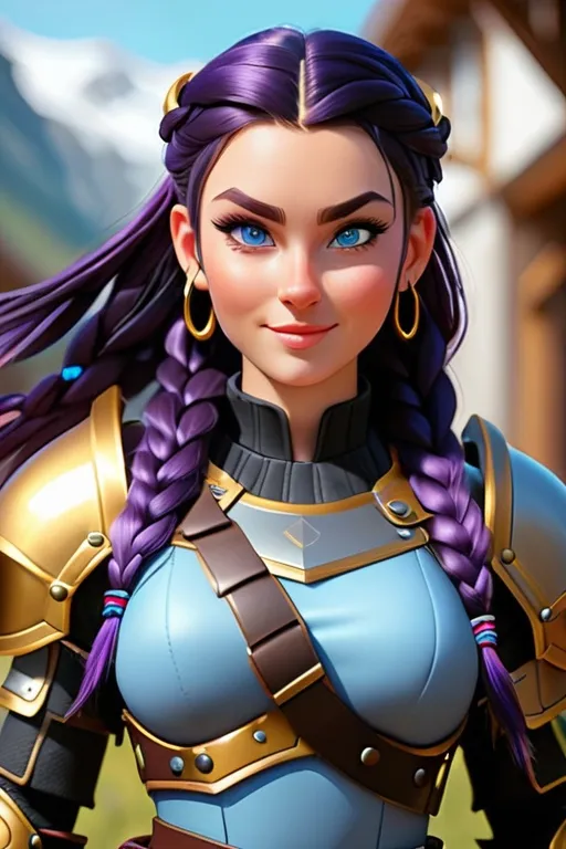 Prompt: Digital art, bright colors, subtle smile, 23-year-old woman viking, dark purple hair, one braid, light blue eyes, cut over left eye to on cheekbone, black gear, gold armor, unreal engine 8k octane, 3d lighting, full body, full armor