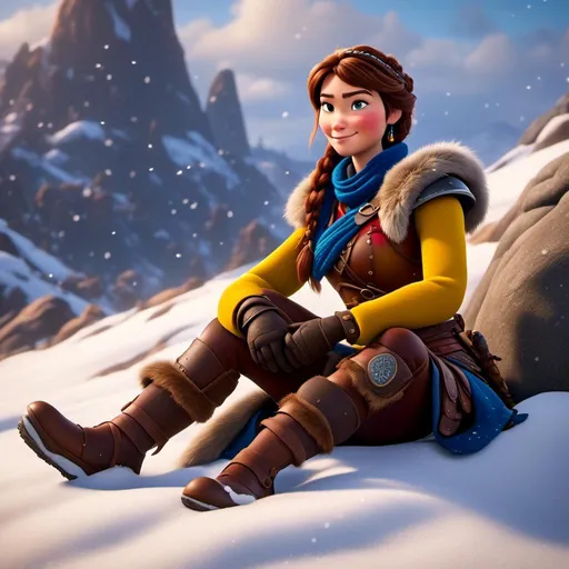 Prompt: <mymodel>CGI Animation, close-up portrait of the face, 20-year-old-old pirate woman sitting on a snow bank, a snowy scene, {{yellow gear, blue armor}}, brunette hair, an updo style of hair with a faded buzz cut on the side of the head, subtle smile, beads hair, small red earrings, multiple braids, yellow gear, straight hair, green eyes, bracelets, rings on fingers, mercenary gear, unreal engine 8k octane, 3d lighting, close up camera shot on the face, full armor