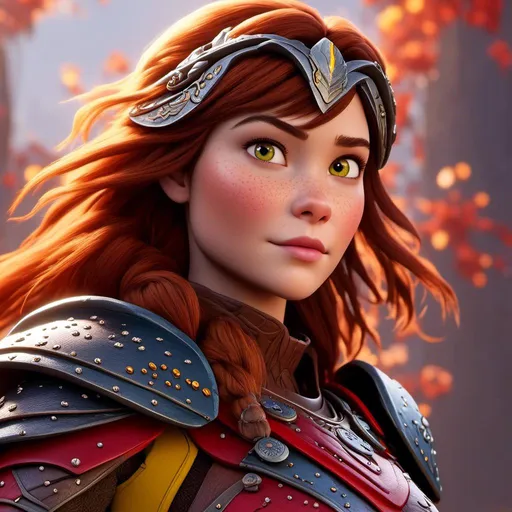 Prompt: <mymodel>CGI Animation of a viking female, brown hair, hazel eyes, bright red gear and armor, yellow highlights and textures, intricate details, high quality, digital painting, cool tones, dramatic lighting