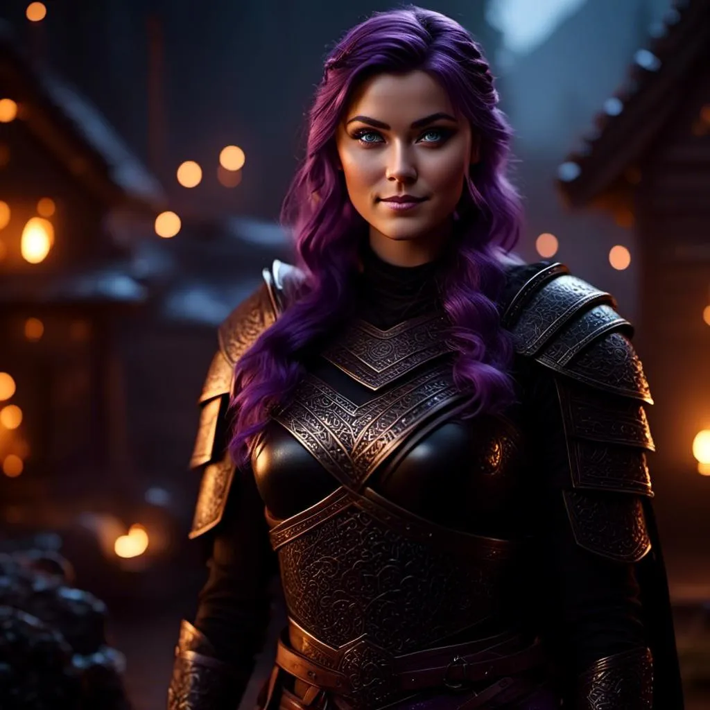 Prompt: <mymodel>25-year-old viking woman, a subtle smile, light blue eyes, black gear, bright black armor, black textures and highlights, standing in a dimly lit viking house, with glowing algae, short focus, blurry background, unreal engine 8k octane, 3d lighting, full body, full armor