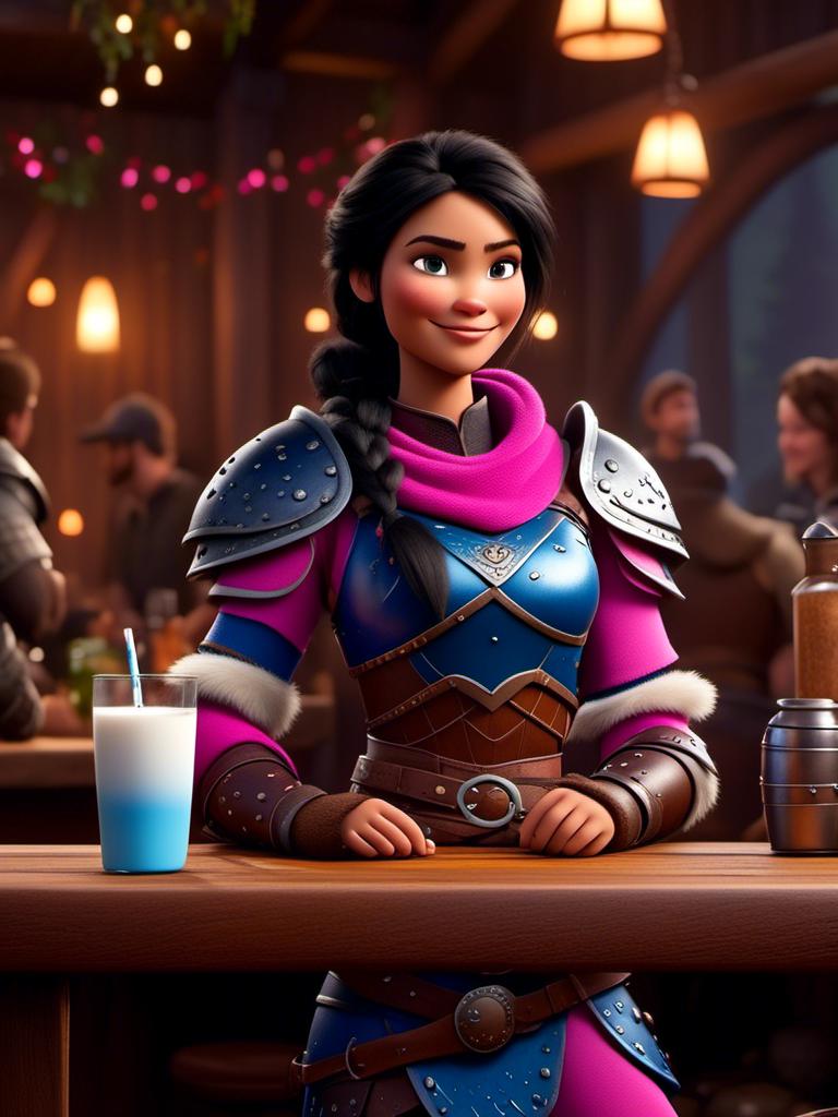 Prompt: <mymodel>CGI Animation, digital art, 20-year-old-old viking woman of royalty standing a busy tavern having a drink of milk, {{pink gear, blue armor}}, black hair, straight hair with a tiara, subtle smile, unreal engine 8k octane, 3d lighting, close up camera shot on the face, full armor