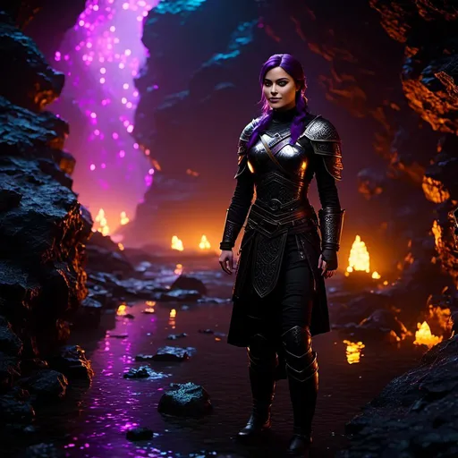 Prompt: <mymodel>25-year-old viking woman, subtle smile, light blue eyes, black gear, bright black armor, black textures and highlights, standing in a dimly lit cave with glowing algae, short focus, blurry background, unreal engine 8k octane, 3d lighting, full body, full armor