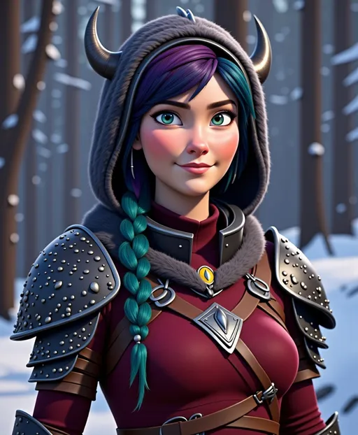 Prompt: <mymodel>CGI Animation, digital art, 20-year-old-old viking woman with violet eyes, Dark red Long sleeve shirt, skirt with dragon teeth on it, wears the snow wraith hood, ((dark dark blue hair with teal, pink and purple streaks)), standing snowy forest, subtle smile, unreal engine 8k octane, 3d lighting, close up camera shot on the face, full armor