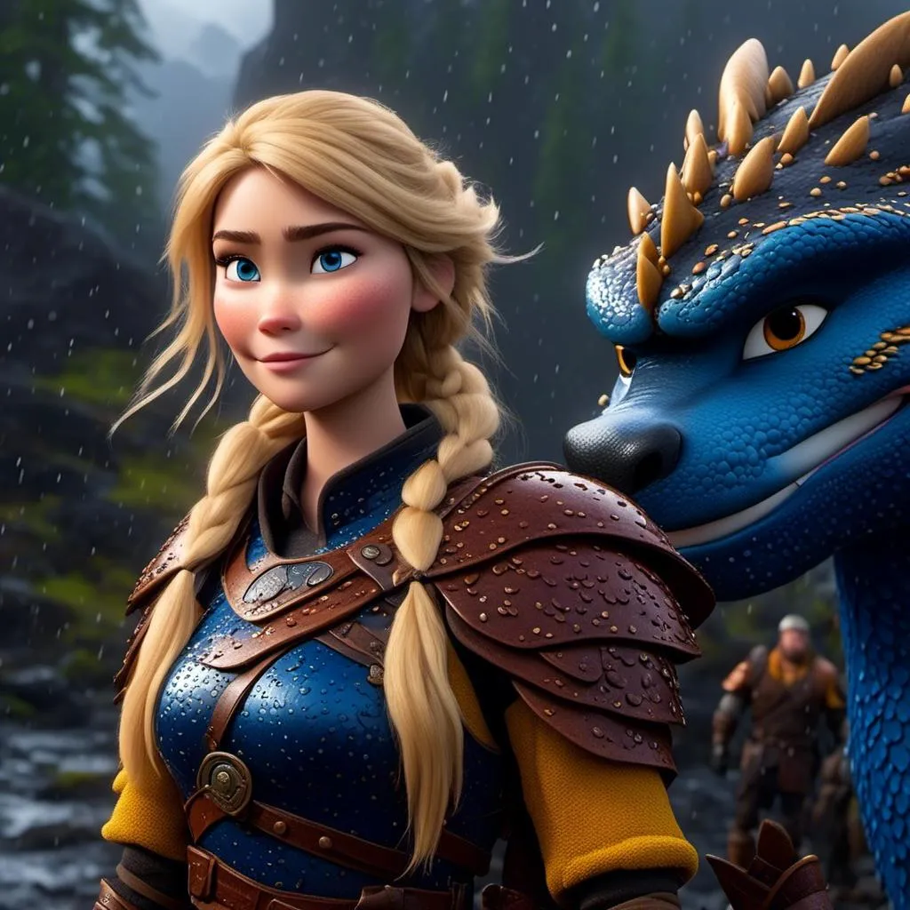 Prompt: <mymodel>CGi Animation, 20-year-old viking woman with blue eyes, a rainy scene, she is standing next to a bright blue dragon with gold highlights, they are both in the rain, the viking woman has a subtle smile, blonde hair, she has blue gear, gold armor, black pants, black boots, unreal engine 8k octane, 3d lighting, full body, full armor