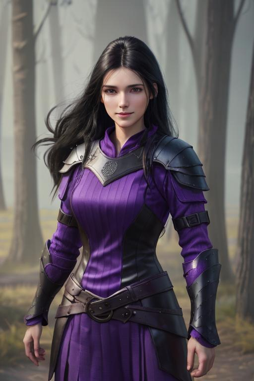 Prompt: Digital Art, 25-year-old viking woman, purple gear, purple clothes, subtle smile, black straight hair, dark purple eyes, a dark purple long-sleeve shirt, textured skirt down to knees, dark purple pants, dark purple armor, long black hair with volume, middle part in hair, leather boots, dark purple gear, unreal engine 64k octane, hdr, 3d lighting, full body, full armor