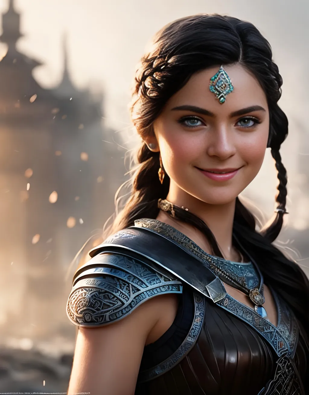 Prompt: she has black hair, create most beautiful fictional female princess viking warrior, hopeful smile, black hair, light blue eyes, extremely detailed environment, detailed background, intricate, detailed skin, professionally color graded, photorealism, 8k, moody lighting