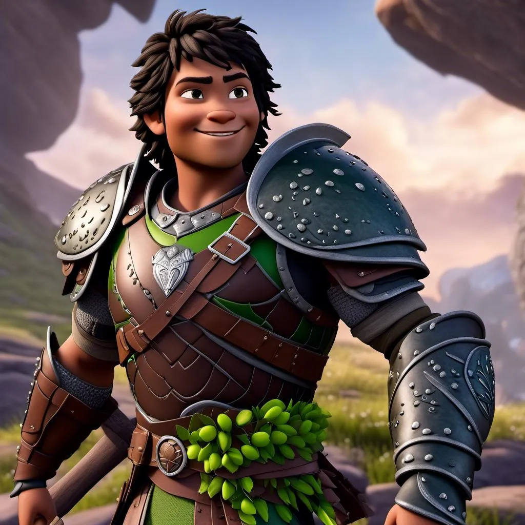 Prompt: <mymodel>Animated CGI style of a fierce ((Caucasian Viking male)) with medium length wavy black hair, joyous gaze, black gear and green armor, realistic clothing textures, high quality, CGI, realistic, viking, male, Caucasian, detailed facial features, highres, professional, intense lighting