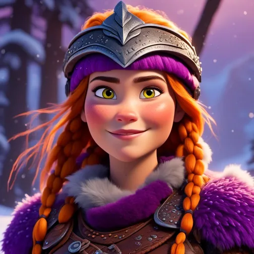 Prompt: <mymodel>CGi Animation, 25-year-old viking woman warrior with yellow eyes, a snowy scene, the viking woman has a subtle smile, hazel color hair, she has red gear, orange armor with bursts of purple textured splotches, black pants, black boots