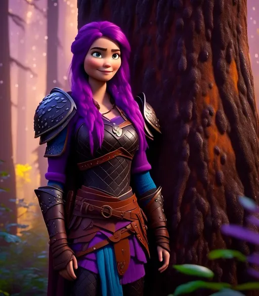 Prompt: <mymodel>CGI Animation, digital art, 20-year-old-old viking woman with light blue eyes, it is raining, she is of royalty standing at night next to a tree with her hands resting on the bark, she is in a dimly lit thick forest with trees everywhere, dense fog, {{black gear, purple armor}}, purple hair, single braid down her shoulder with a tiara, subtle smile, unreal engine 8k octane, 3d lighting, close up camera shot on the face, full armor