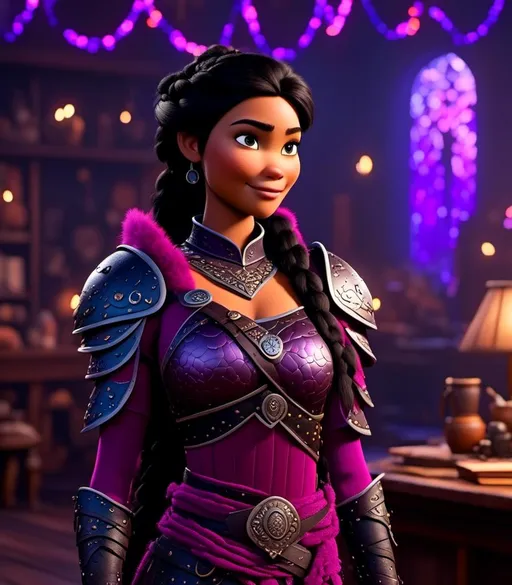 Prompt: <mymodel>CGI Animation, digital art, 20-year-old-old viking woman with light blue eyes, she is standing in her library, she is of royalty, {{black gear, purple armor}}, black hair with purple strands, single braid down her shoulder with a tiara, subtle smile, unreal engine 8k octane, 3d lighting, close up camera shot on the face, full armor