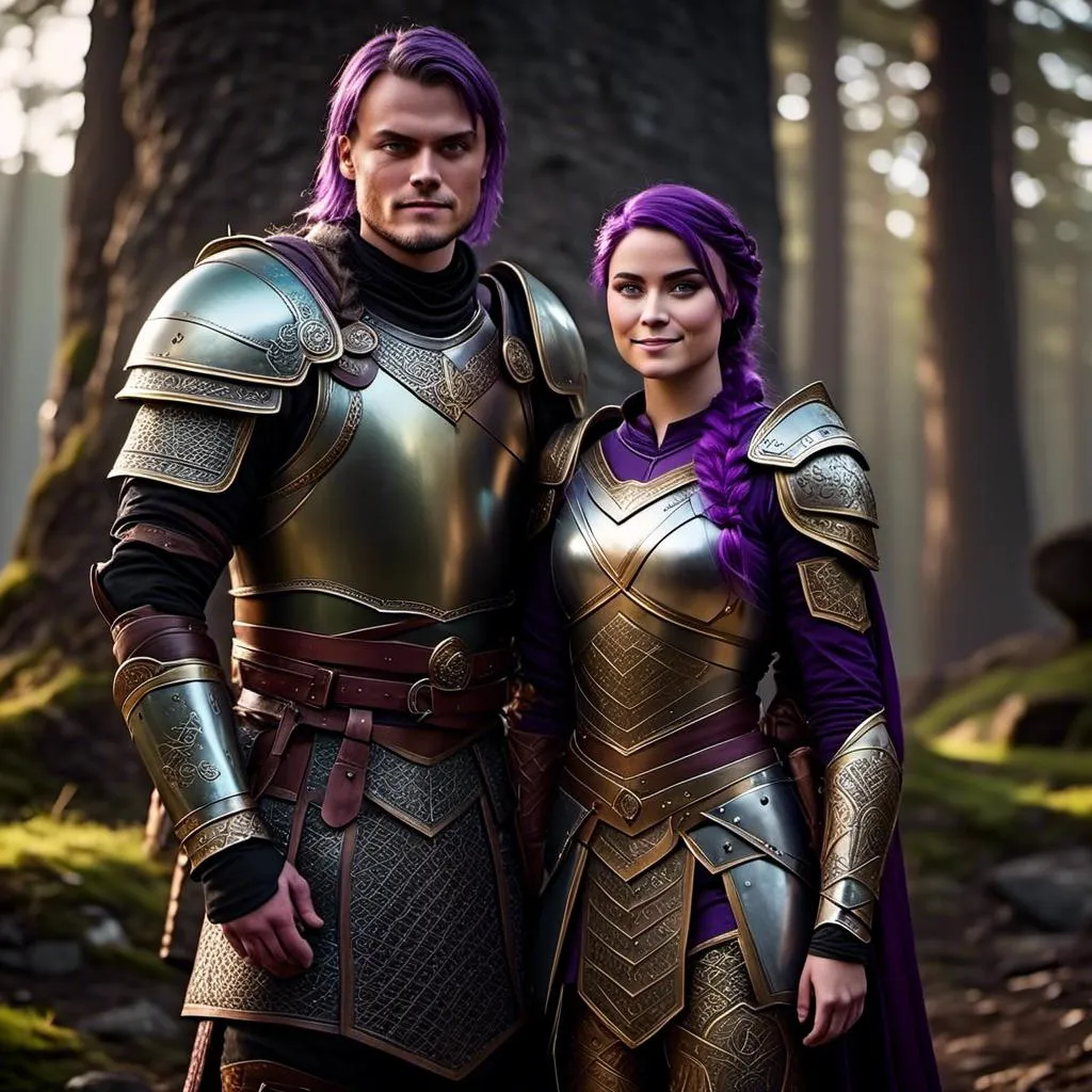 Prompt: Photo of <mymodel> standing next to her young husband Jarl Mollerson who has green gear and silver armor and ((short brown hair)), she is slightly shorter than him, Jarl Mollerson has a young looking face like hiccup