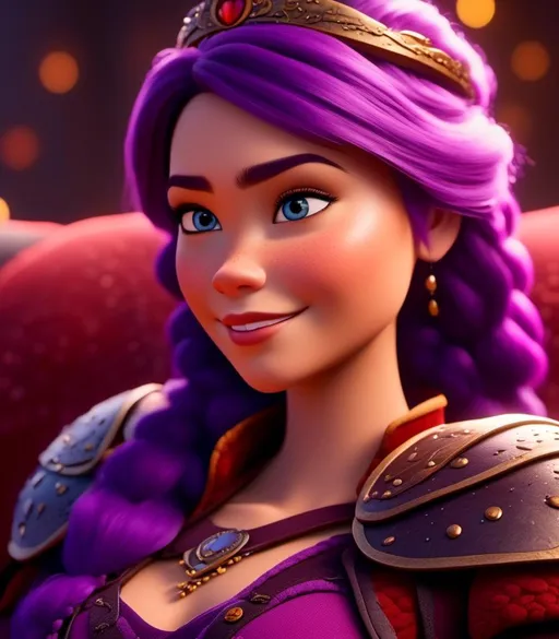 Prompt: <mymodel>CGI Animation, digital art, 20-year-old-old viking woman with light blue eyes, lying down on the couch in the living room, purple hair with purple strands, single braid down her shoulder with a tiara, subtle smile, unreal engine 8k octane, 3d lighting, close up camera shot on the face, full armor